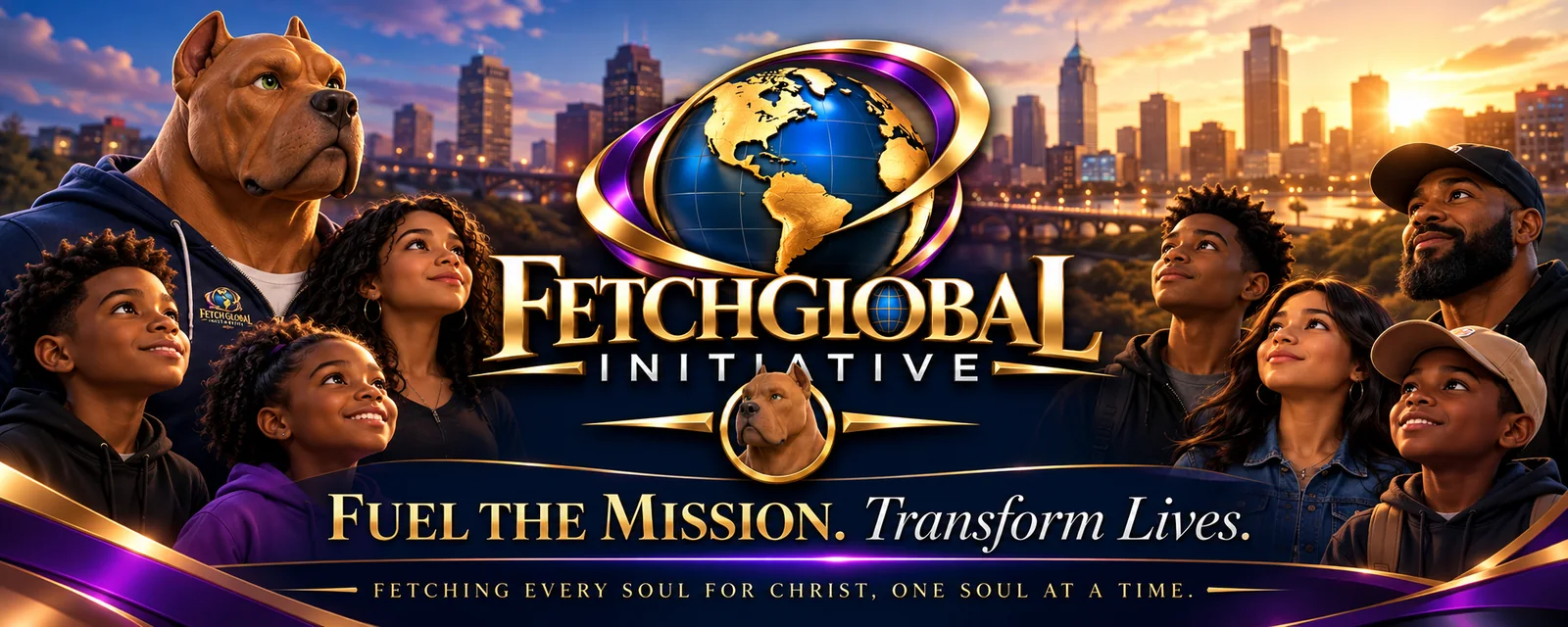 Fetch Global Initiative banner: Muscle Dogg with young people and families looking toward a city skyline at sunset, beneath the FGI logo and the words Fuel the Mission. Transform Lives. Fetching every soul for Christ, one soul at a time.