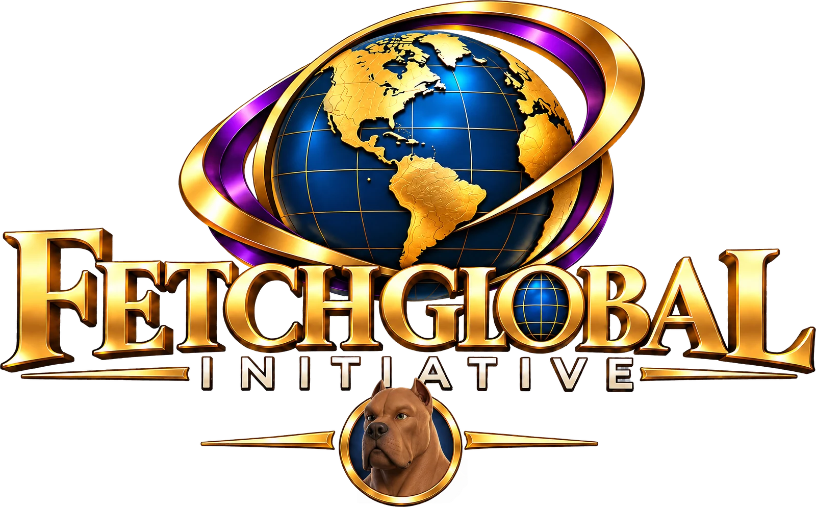 Fetch Global Initiative logo: a blue and gold globe circled by gold and purple rings, with the Muscle Dogg medallion