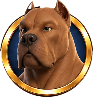 Muscle Dogg in a gold medallion