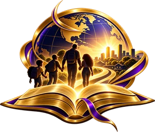 A family walking on an open Bible toward the city