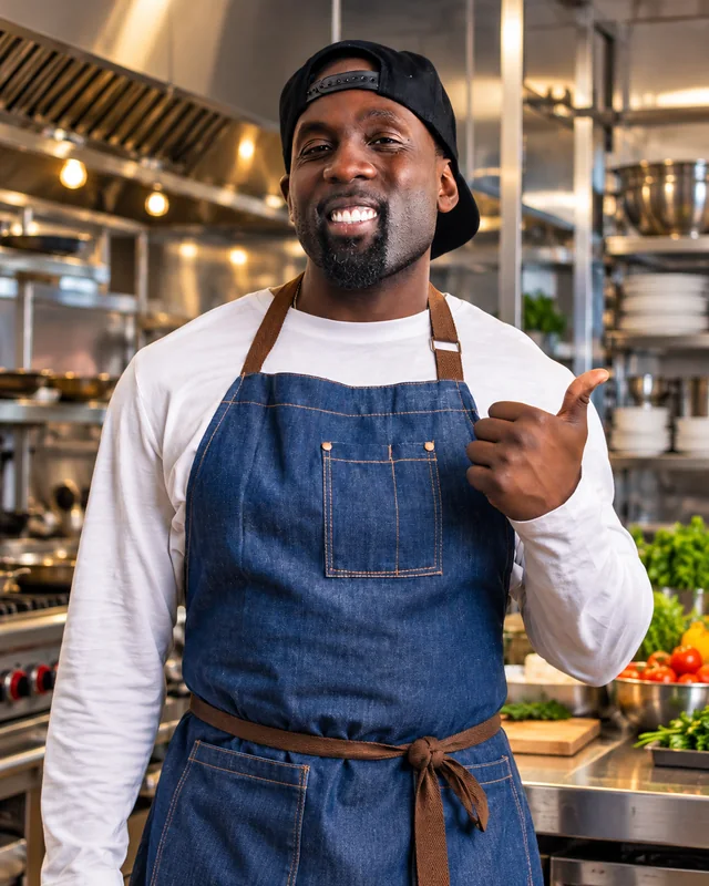 G. W. Chew, Chef Chew, smiling in a professional kitchen wearing a denim apron