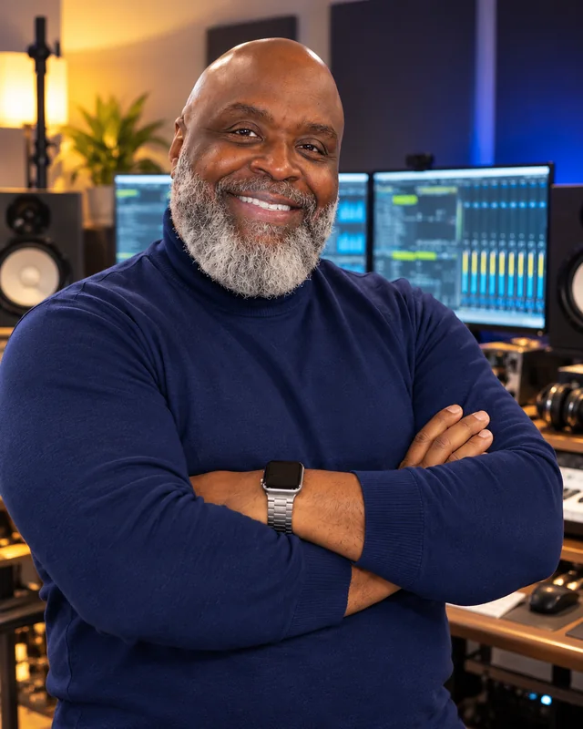 Harvey Palmer smiling with arms folded in his music studio